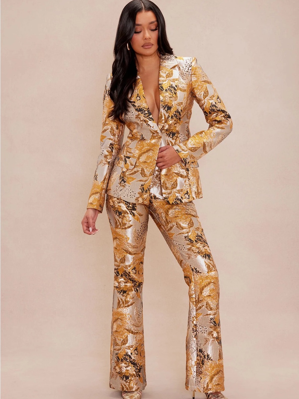 Fashion Nova Gold Floral Brocade Blazer & Pants